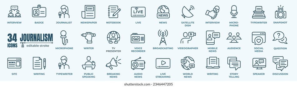 Journalism and mass media icon collection. Vector illustration. Containing microphone, journalist, press conference, newspaper.