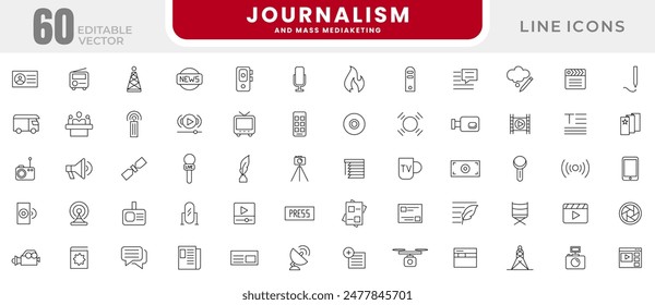 Journalism and mass media line icon set. News, microphone, typewriter, TV show, journalist, office, news reporter, press conference and newspaper stroke icons collection.