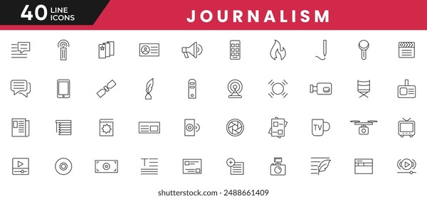 Journalism and mass media line icon set. News, microphone, typewriter, TV show, journalist, office, news reporter, press conference, and newspaper stroke icons collection.