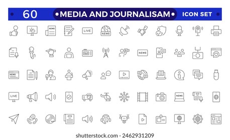 Journalism and mass media outline icon set. Vector illustration. Containing  microphone, journalist, press conference, newspaper social networks, public communication, and networking. 
