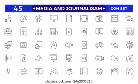 Journalism and mass media outline icon set. Vector illustration. Containing  microphone, journalist, press conference, newspaper social networks, public communication, and networking. 
