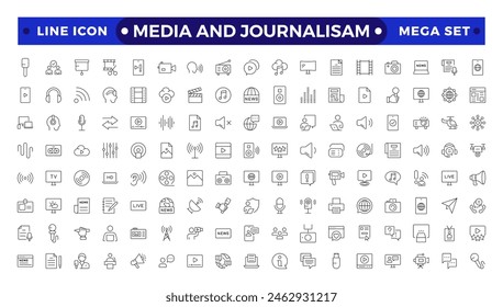 Journalism and mass media outline icon set. Vector illustration. Containing  microphone, journalist, press conference, newspaper social networks, public communication, and networking. 
