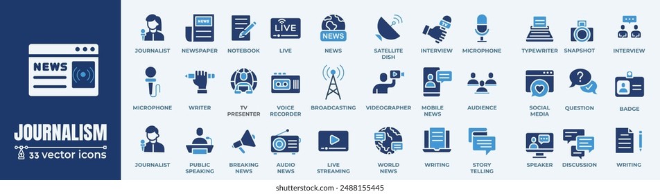 Journalismus und Massenmedien verwandte Icons: dünne Vektorgrafik Icon Set, Schwarz-Weiß-Kit