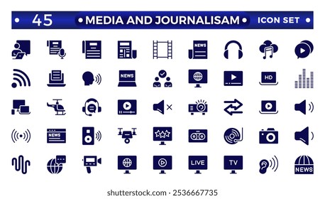 Jornalismo e meios de comunicação social sólidos    ícone definido. Ilustração vetorial. Contendo microfone, jornalista, conferência de imprensa, redes sociais de jornais, comunicação pública e networking. 