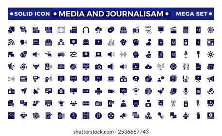 Journalism and mass media solid    icon set. Vector illustration. Containing  microphone, journalist, press conference, newspaper social networks, public communication, and networking. 