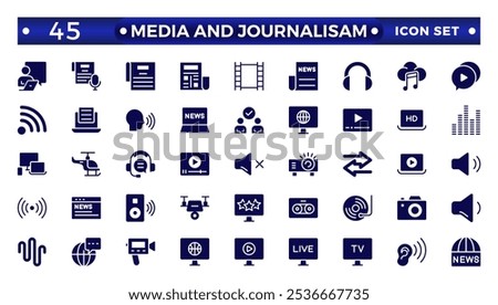 Journalism and mass media solid    icon set. Vector illustration. Containing  microphone, journalist, press conference, newspaper social networks, public communication, and networking. 