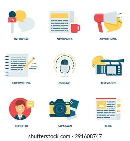 Journalism and mass media vector icons set modern flat style