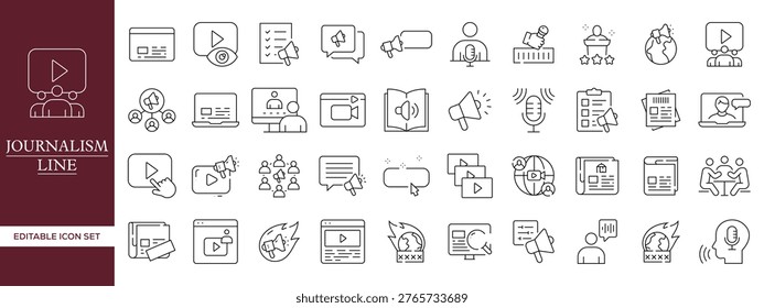 Journalism and Media Line Icon Set with News Reporting, Broadcasting, Communication, Press, Interview, Social Media and Digital News Editable Vector Outline Symbols