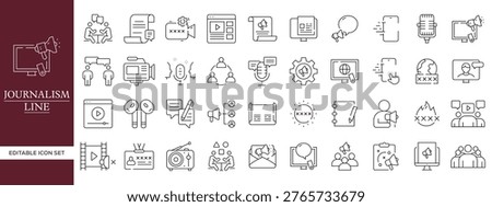 Journalism and Media Line Icon Set with News Reporting, Broadcasting, Communication, Press, Interview, Social Media and Digital News Editable Vector Outline Symbols