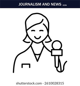 JOURNALISM AND NEWS ICON. Containing journalist, news, microphone, interview, reporter, podcast, press badge, newspaper and radio. Editable stroke. Vector illustration. EPS 10.