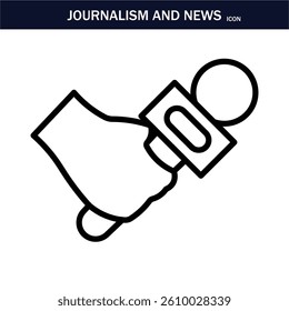 JOURNALISM AND NEWS ICON. Containing journalist, news, microphone, interview, reporter, podcast, press badge, newspaper and radio. Editable stroke. Vector illustration. EPS 10.