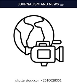 JOURNALISM AND NEWS ICON. Containing journalist, news, microphone, interview, reporter, podcast, press badge, newspaper and radio. Editable stroke. Vector illustration. EPS 10.
