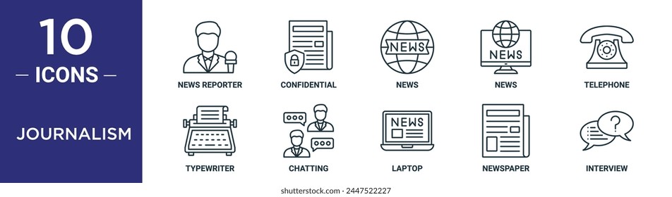 journalism outline icon set includes thin line news reporter, confidential, news, news, telephone, typewriter, chatting icons for report, presentation, diagram, web design