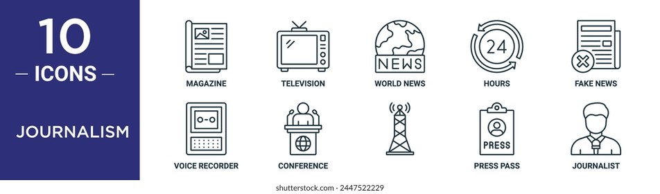 journalism outline icon set includes thin line magazine, television, world news, hours, fake news, voice recorder, conference icons for report, presentation, diagram, web design