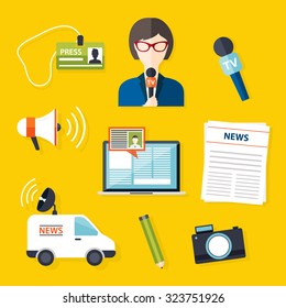 Journalism press news reporter. Set of vector journalism icons in flat design style spokesperson, interview, microphone, tv etc, newspaper. Modern flat concept.