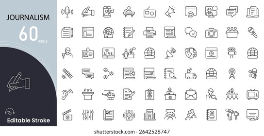 Journalism related icon collections. Containing newspaper, reporter, news, microphone, press, interview, camera, article, media, broadcast icons. Editable Stroke. 
