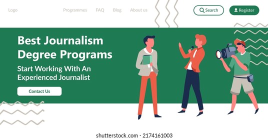 Journalism or reporter degree programs in schools or universities, start working with experienced teachers and tutors. Website landing page template online web, vector in flat style illustration