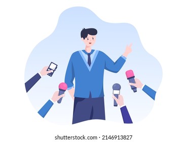 Journalism or Social Broadcasting with Equipment, News, Microphones, Reporter and Interview Speech Media Event in Flat Style Cartoon Illustration