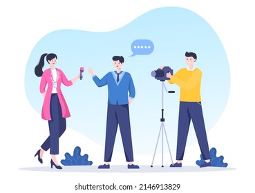 Journalism or Social Broadcasting with Equipment, News, Microphones, Reporter and Interview Speech Media Event in Flat Style Cartoon Illustration