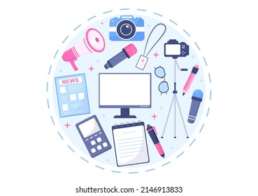 Journalism or Social Broadcasting with Equipment, News, Microphones, Reporter and Interview Speech Media Event in Flat Style Cartoon Illustration