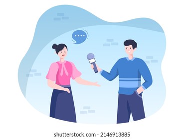 Journalism or Social Broadcasting with Equipment, News, Microphones, Reporter and Interview Speech Media Event in Flat Style Cartoon Illustration