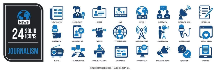 Journalism solid icons collection. Containing customer press, news, journalist, mass media etc icons. For website marketing design, logo, app, template, ui, etc. Vector illustration.