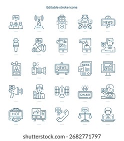 Icono de trazo de periodismo. Conjunto de iconos de línea de periodismo. paquete de iconos de trazo editable