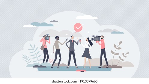 Journalism as television, press and radio mass media work tiny person concept. Live broadcasting job as occupation for interviews and news reports vector illustration. Daily reportage info publishing.