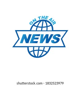 Journalism theme vector emblem created with Earth planet illustration and on the air writing, World online news.