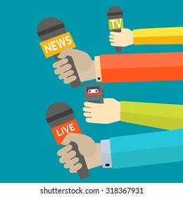 Journalism vector concept with hand holding microphones