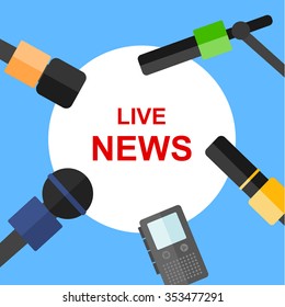 Journalism vector illustration, flat design, blue background.