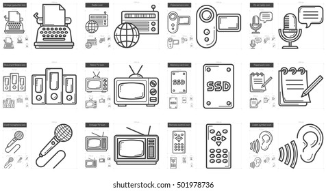 Journalism vector line icon set isolated on white background. Journalism line icon set for infographic, website or app. Scalable icon designed on a grid system.