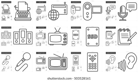 Journalism vector line icon set isolated on white background. Journalism line icon set for infographic, website or app. Scalable icon designed on a grid system.