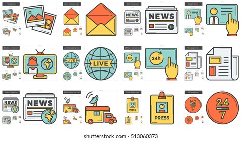 Journalism vector line icon set isolated on white background. Journalism line icon set for infographic, website or app. Scalable icon designed on a grid system.