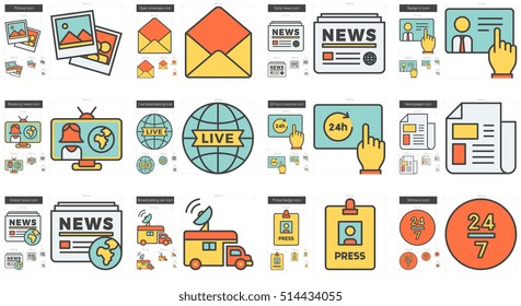 Journalism vector line icon set isolated on white background. Journalism line icon set for infographic, website or app. Scalable icon designed on a grid system.