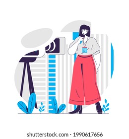 Journalism web concept. Host of TV show talks into microphone on set of program. Mass media people scene. Flat characters design for website. Vector illustration for social media promotional materials