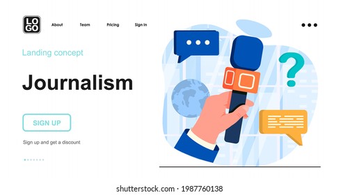Journalism web concept. Journalist hand holds microphone. News program, mass media, press conference. Template of people scene. Vector illustration with character activities in flat design for website
