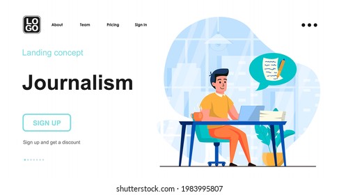 Journalism web concept. Journalist writes article, copywriter prepares text for publication in blog. Template of people scenes. Vector illustration with character activities in flat design for website