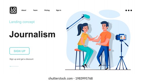 Journalism web concept. Recording of interview program, man and woman broadcasting live tv show. Template of people scenes. Vector illustration with character activities in flat design for website