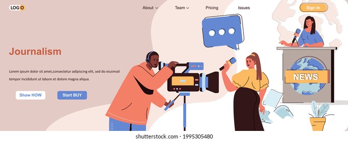 Journalism web concept. TV show recording, news program, journalist reporting scene. Banner template with flat line characters design. Vector illustration for social media promotional materials