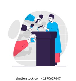 Journalism web concept. Woman behind podium speaking at press conference. Mass media people scene. Flat characters design for website. Vector illustration for social media promotional materials