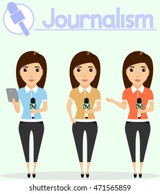 Journalism. Woman journalist with a microphone in his hand.