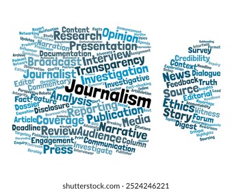 Journalism Word Cloud. Composition of Words Related to Reporting, Ethics, and Media. Isolated Background.