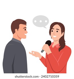 Journalism yellow concept with people scene in the flat cartoon style. A woman journalist interviews a man with microphone. Flat vector illustration isolated on white background