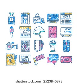 journalist accessories doodle icons set vector. sketch line art journalist badge and helmet, microphone and video camera device, sport and fake news. color illustrations