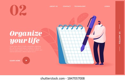 Journalist and Author Occupation Landing Page Template. Tiny Male Character Writing with Pen on Huge Notebook Pages with Spiral. Notes or Messages, Student Studying, Cartoon Vector Illustration