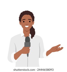 Journalist black woman. Beautiful lady reporter holding microphone. Flat vector illustration isolated on white background