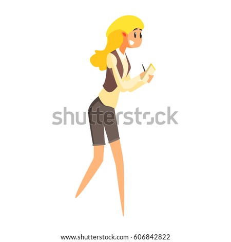 Journalist With Block note And Pen, Official Press Reporter Working, Collecting Information And Making News, Part Of Journalism Set Of Illustrations