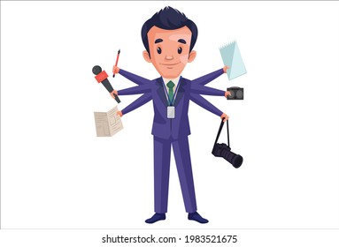 Journalist boy is frustrated with doing multiple tasks. Vector graphic illustration. Individually on white background.