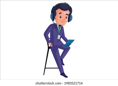 Journalist boy is sitting on a chair and wearing a microphone. Vector graphic illustration. Individually on white background.